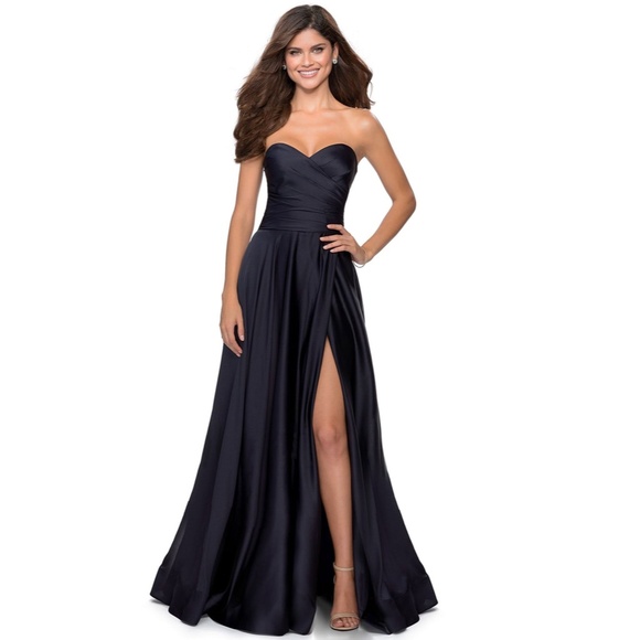 NEW LA FEMME Navy STRAPLESS Sweetheart PLEATED Satin HIGH SLIT Evening BALL GOWN - Picture 15 of 16